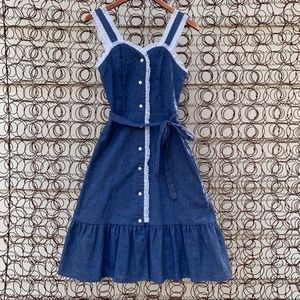 Vintage 70s Denim Chambray Lace Prairie Dress